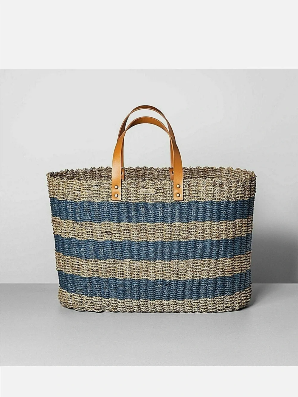 Hearth & Hand Woven Seagrass Summer Blue Striped Tote w/ Leather Handle